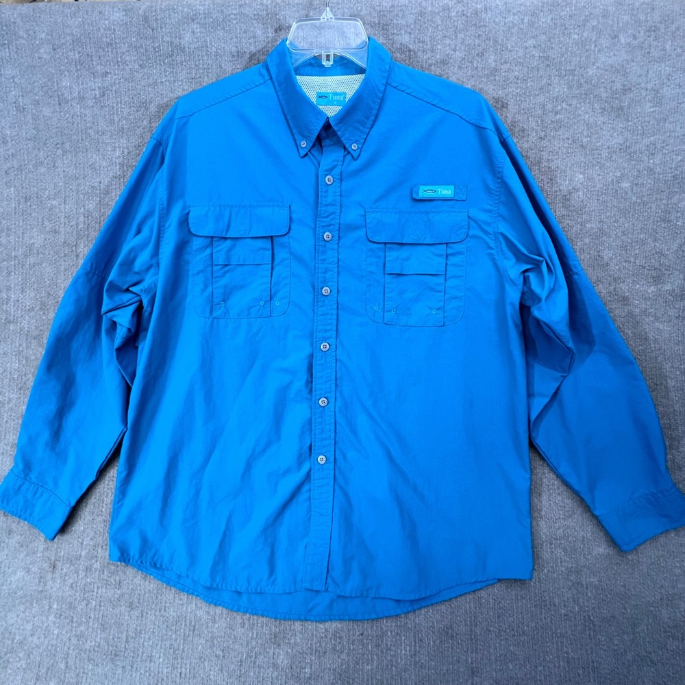 Tuna Fishing Shirt Mens XL Long Sleeve Button Up‎ Blue Vented Outdoor